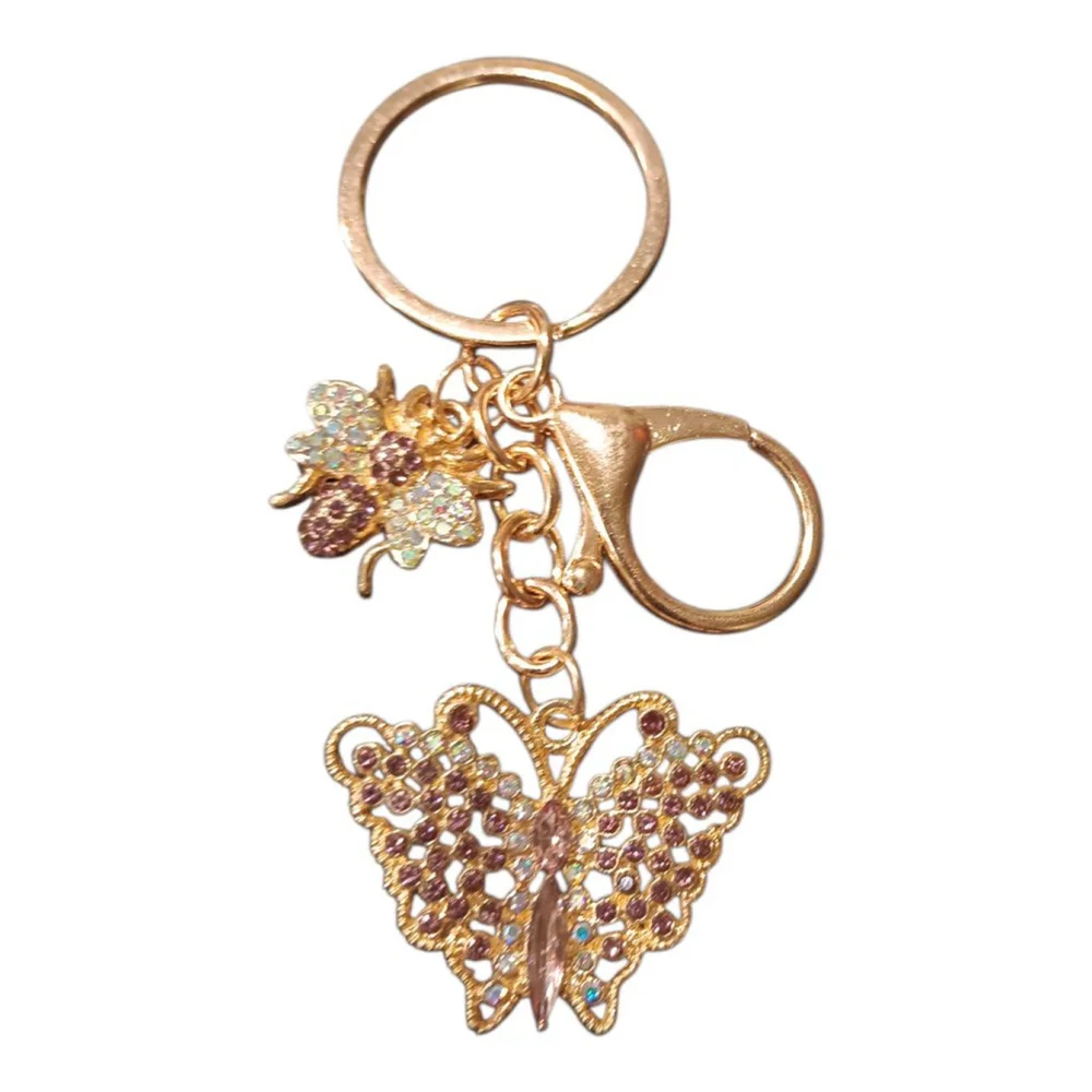 Amethyst Color Rhinestone Butterfly Bumblebee Gold Tone Keychain Purse Charm